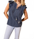 Swiss Dot Tassel-Tie Popover Blouse - Plus In Vintage Wash