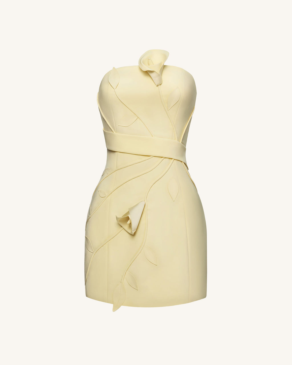 3D Floral Appliqué Strapless Mini Dress - Yellow