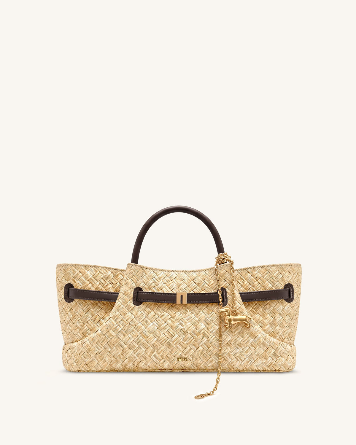 Maeve Faux Straw Dachshund Metal Charm Tote Bag - Brown