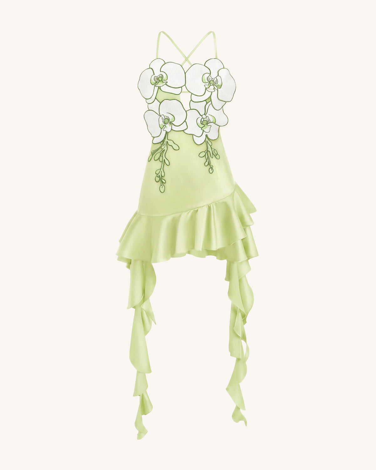 Orchid Embroidered Ruffle Hem Mini Dress - Light Green