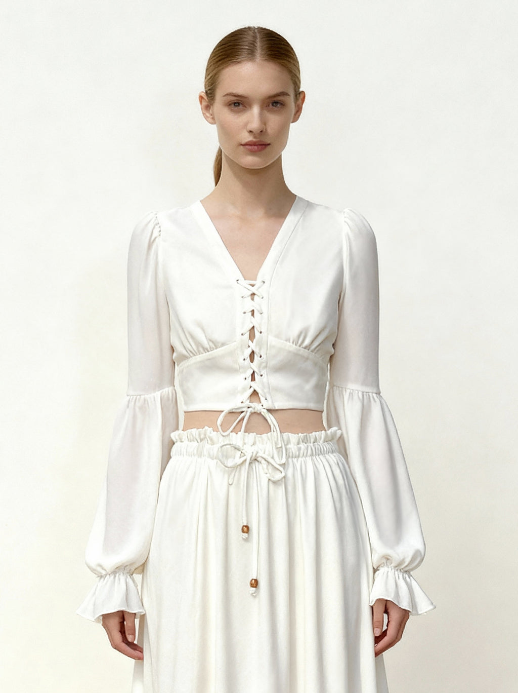 Chiffon Lantern-Sleeve Tie-Front Cropped Blouse - White