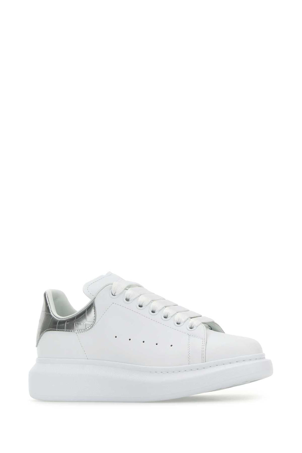 Alexander Mcqueen Women White Leather Sneakers With Silver Leather Heel