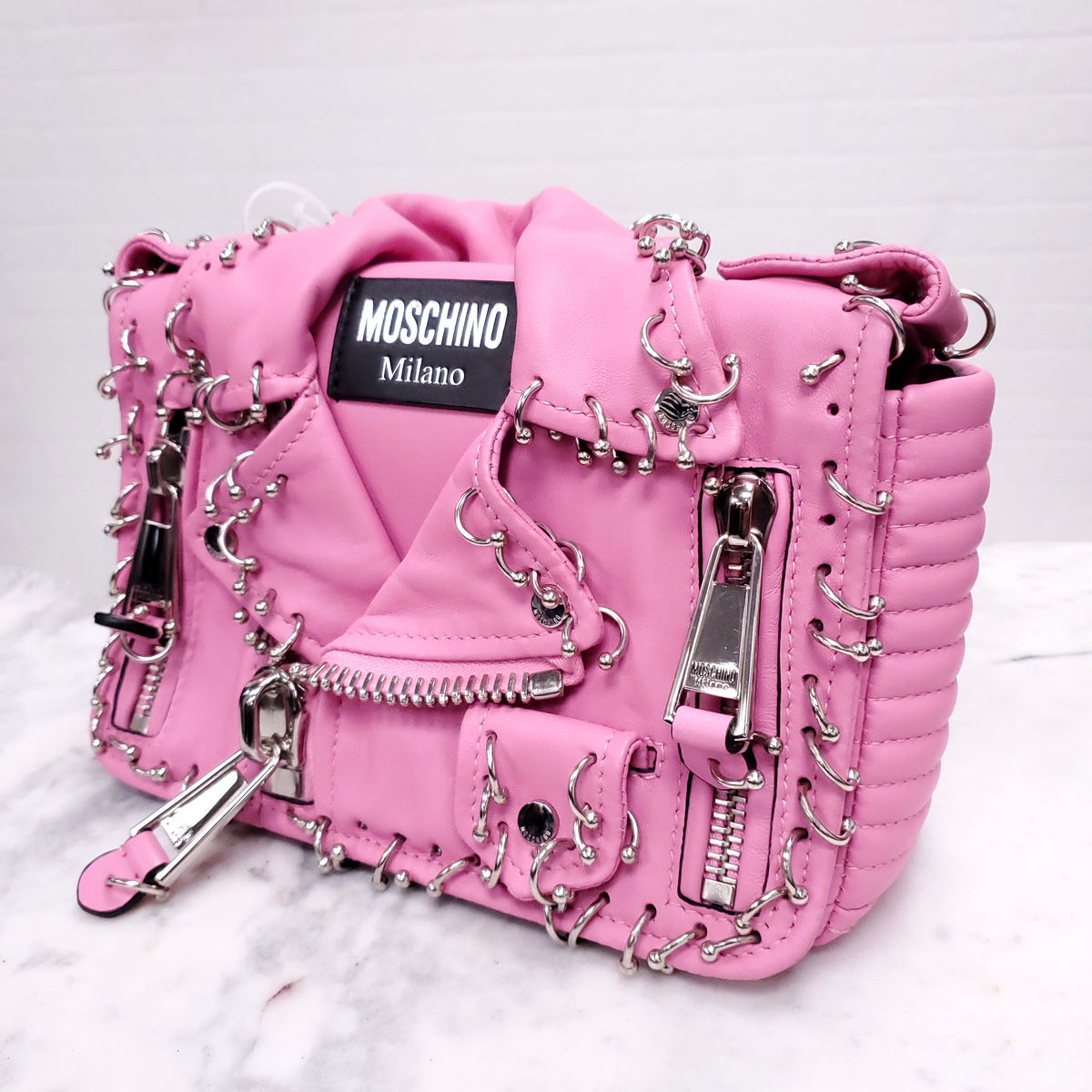 MOSCHINO PINK BIKER JACKET PIERCING SHOULDER BAG