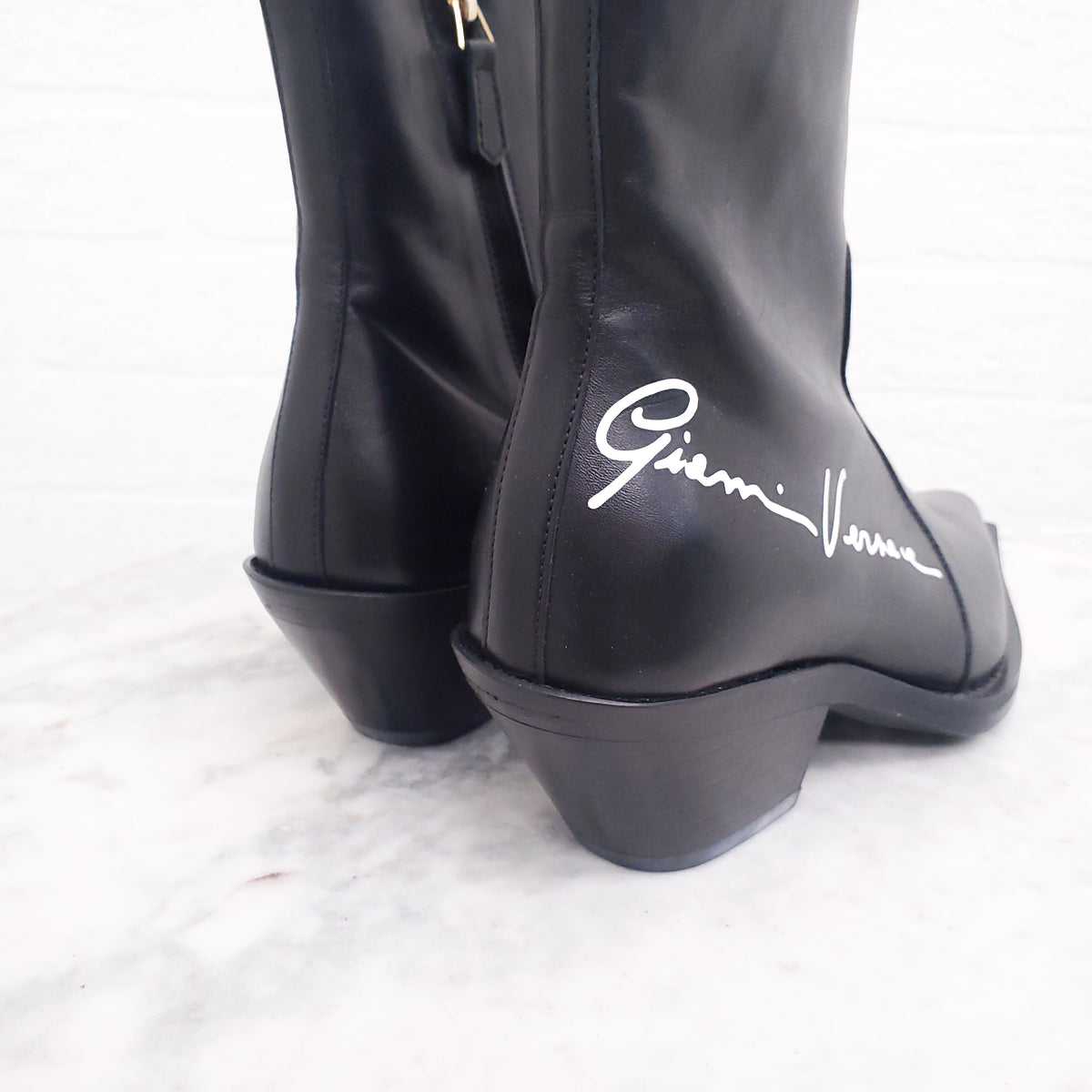 VERSACE BLACK LEATHER LOGO COWBOY BOOTS - SIZE 35
