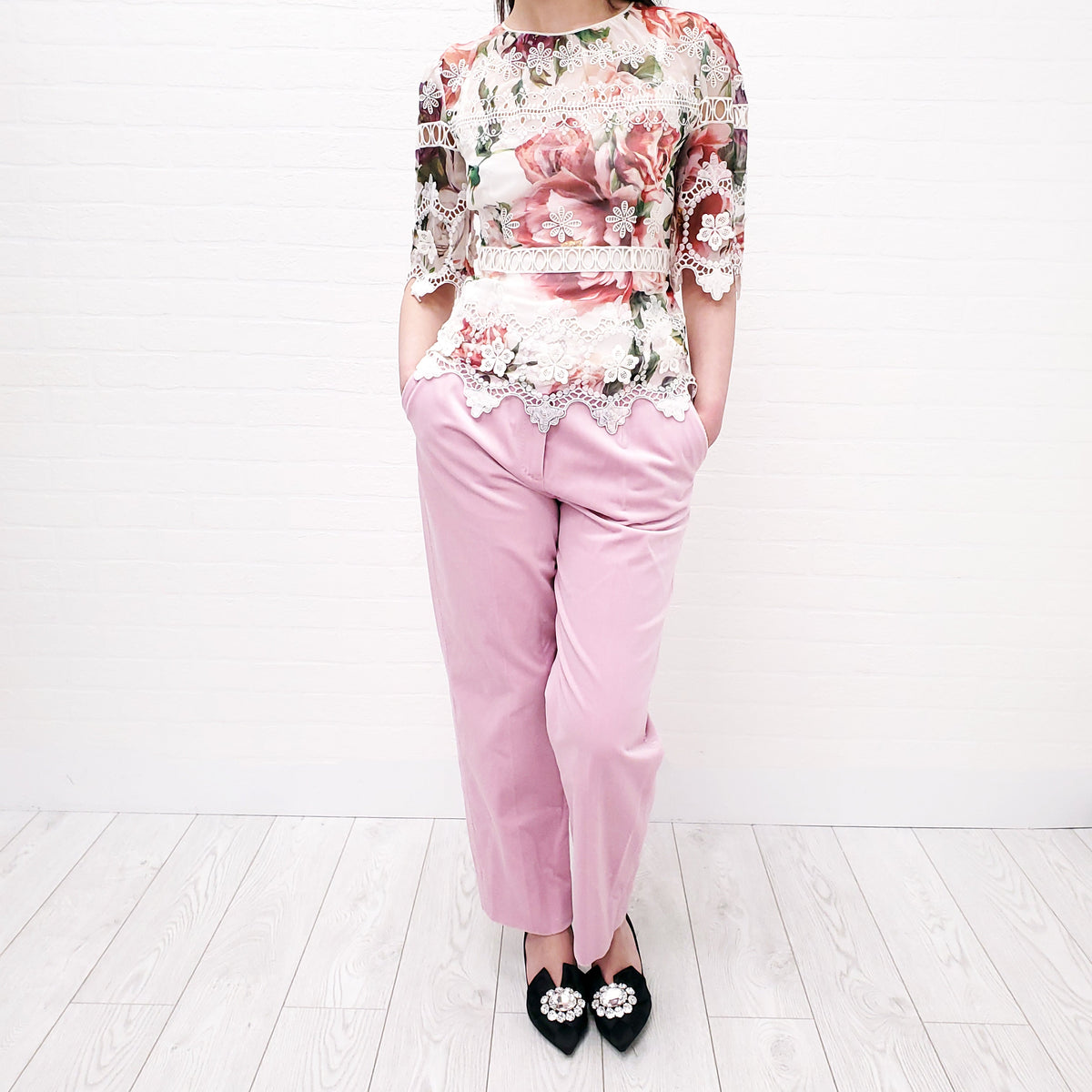 DOLCE & GABBANA SHEER FLORAL EYELET BLOUSE - SIZE 38
