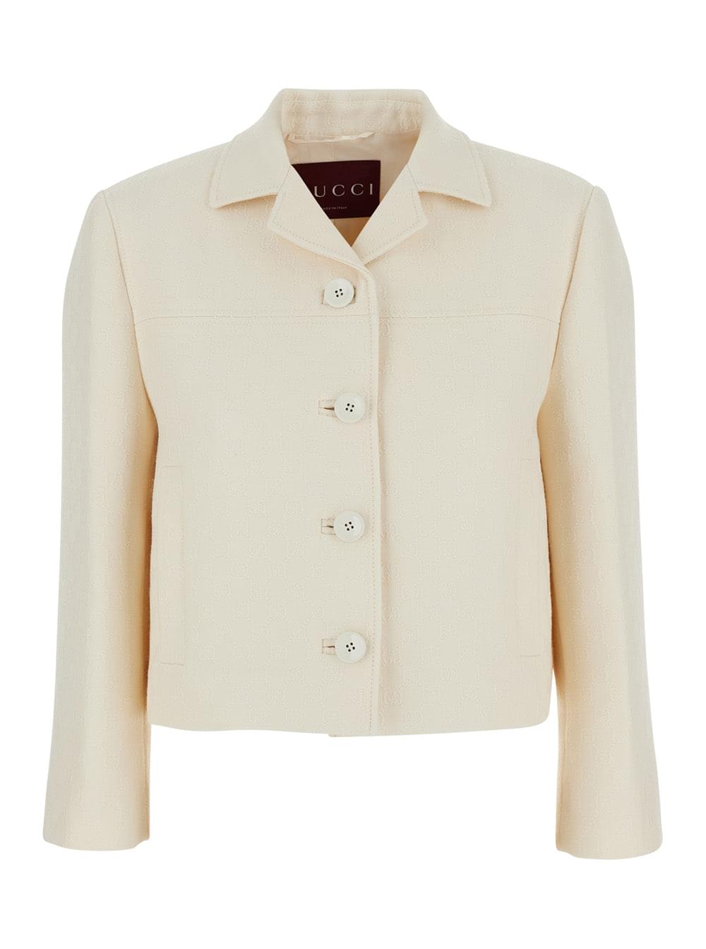 Gucci Women White Jacket With Notched Revers In Gg Canvas Woman