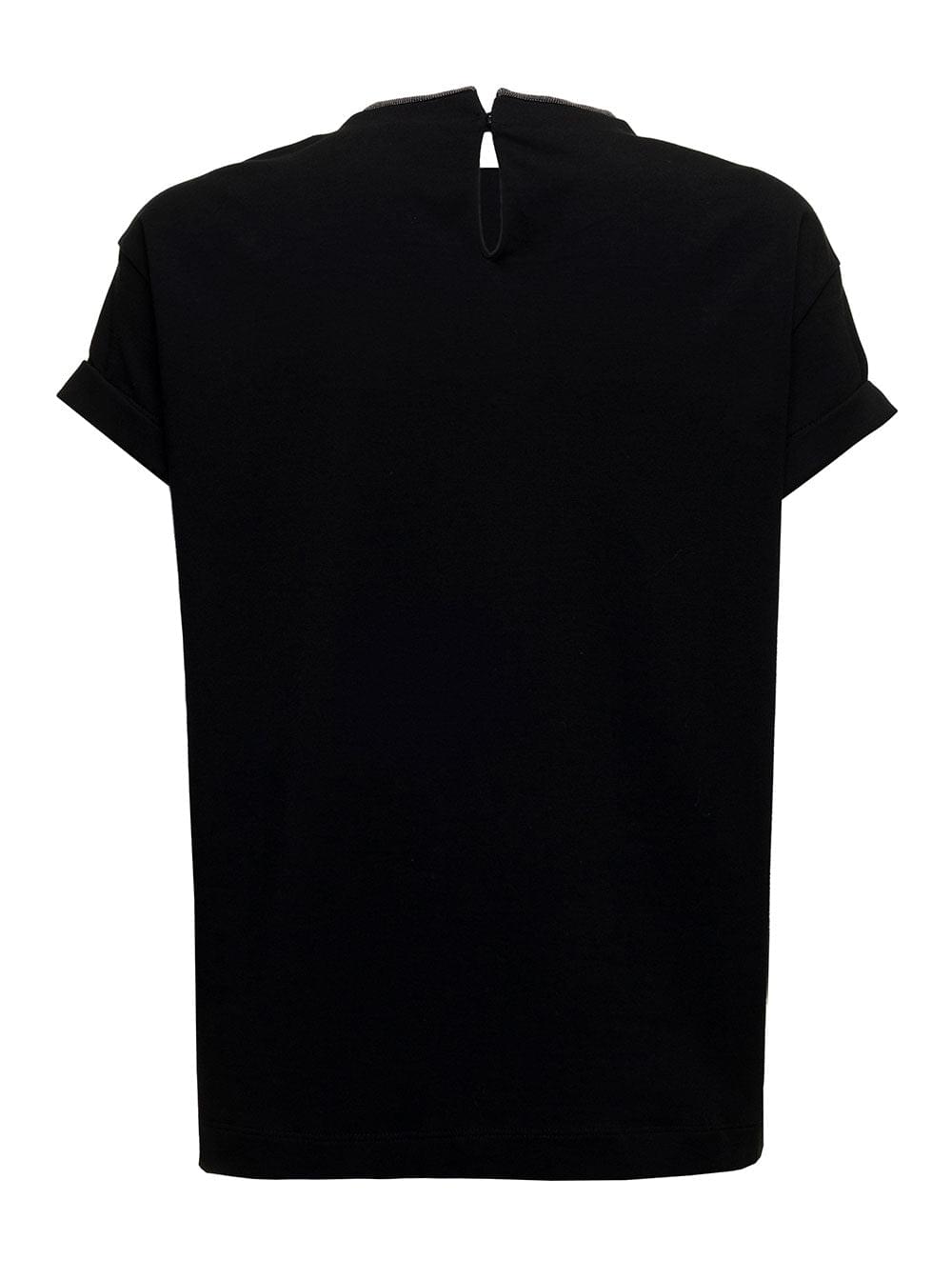 Brunello Cucinelli Women Brunello Cucinelli Woman's Black Cotton T-Shirt With Monile Crew Neck