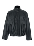 Bottega Veneta Men Black Bomber Jacket With High Collar With Intreccio Design In Leather For Men
