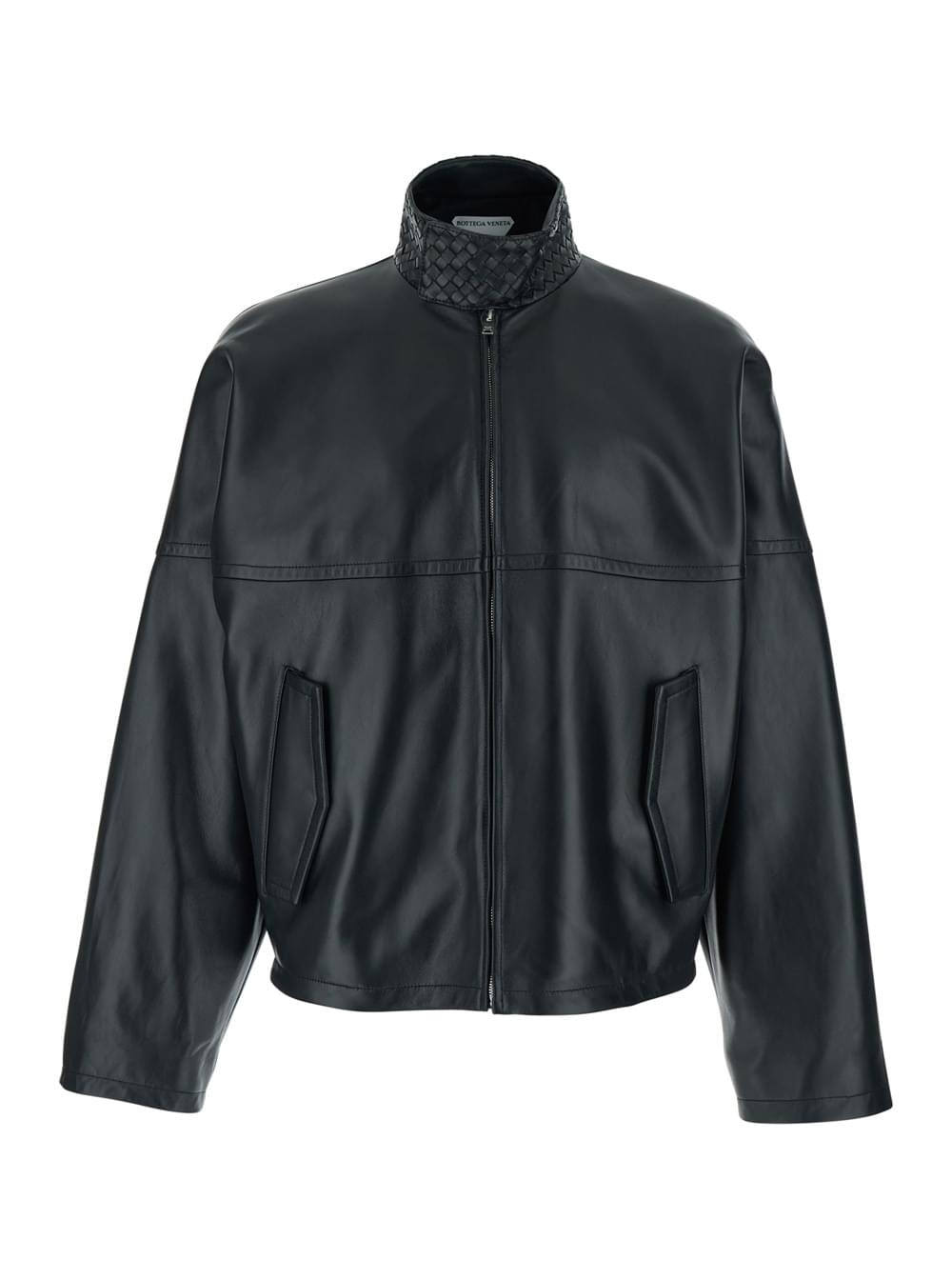 Bottega Veneta Men Black Bomber Jacket With High Collar With Intreccio Design In Leather For Men