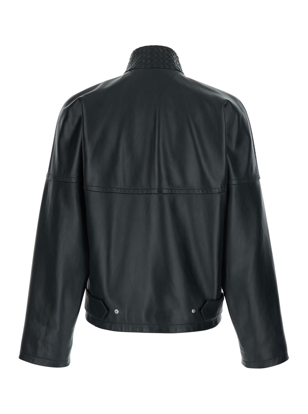 Bottega Veneta Men Black Bomber Jacket With High Collar With Intreccio Design In Leather For Men