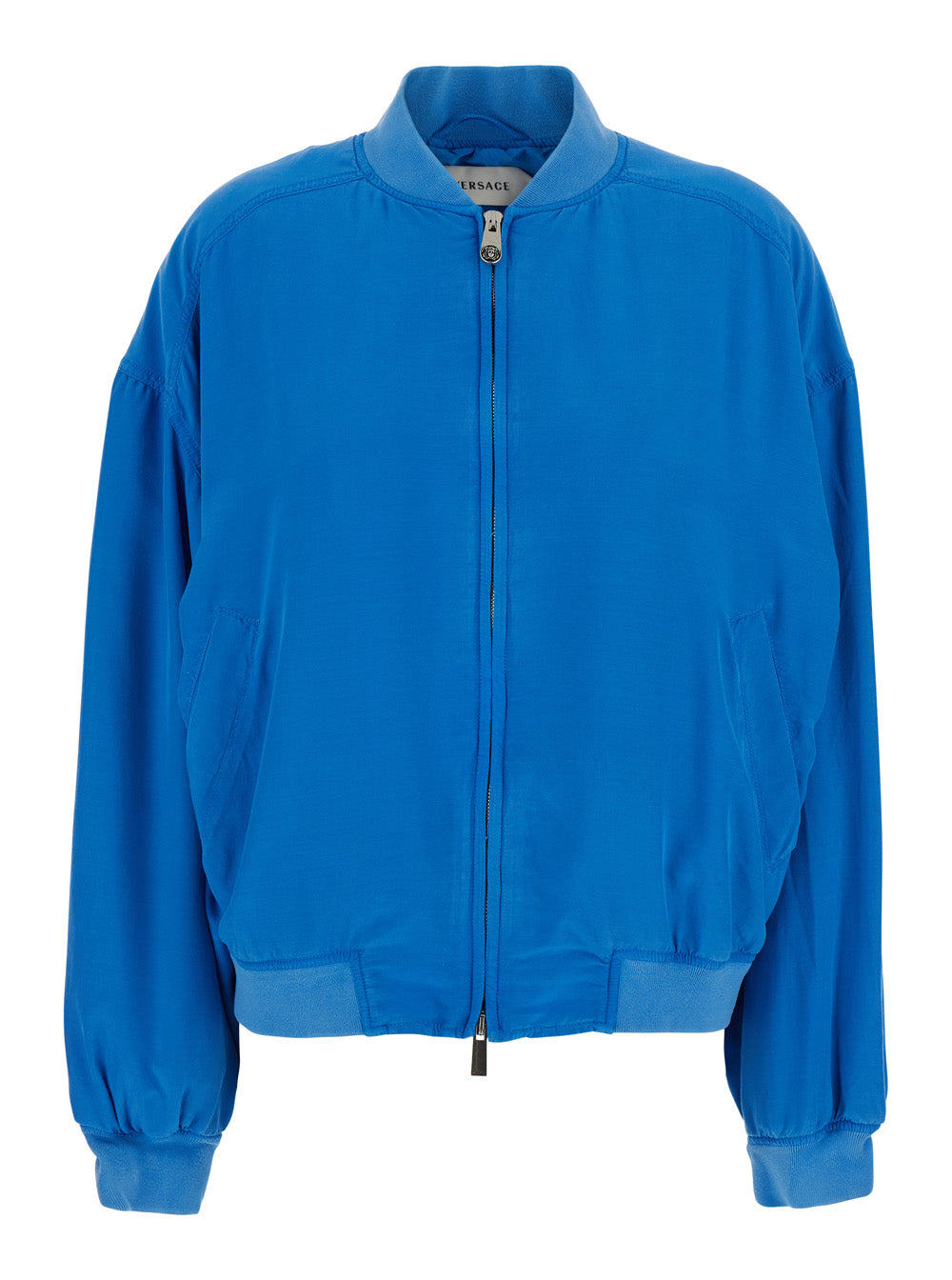 Versace Women Blue Bomber Jacket With Ribbed Collar And Logo On The Back In Silk For Men