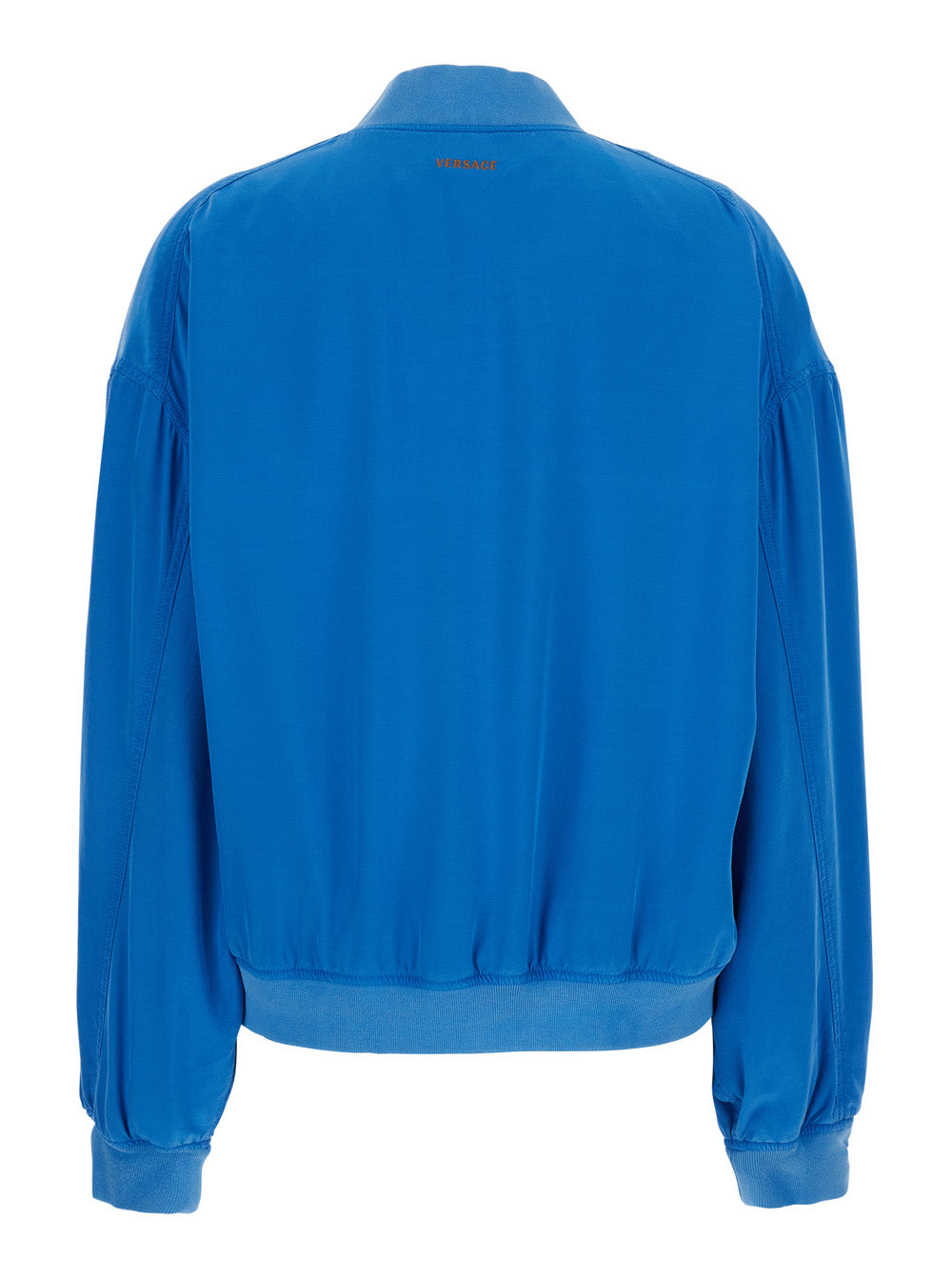 Versace Women Blue Bomber Jacket With Ribbed Collar And Logo On The Back In Silk For Men