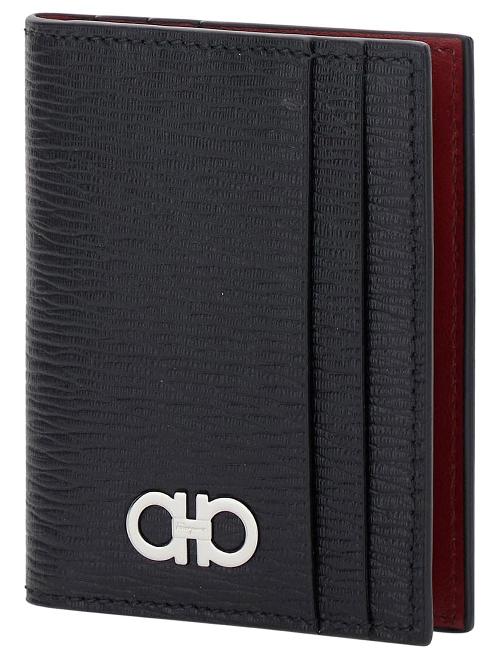 Ferragamo Men Card Holder With Gancini Detail In Black Leather For Men