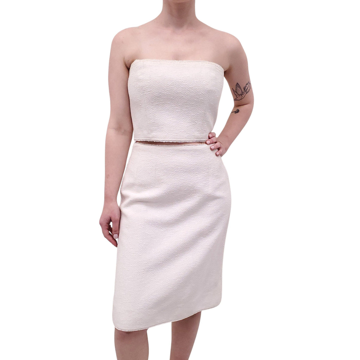 CHANEL CREAM THREE-PIECE SUIT WITH BUSTIER, SKIRT AND JACKET - SIZE 42