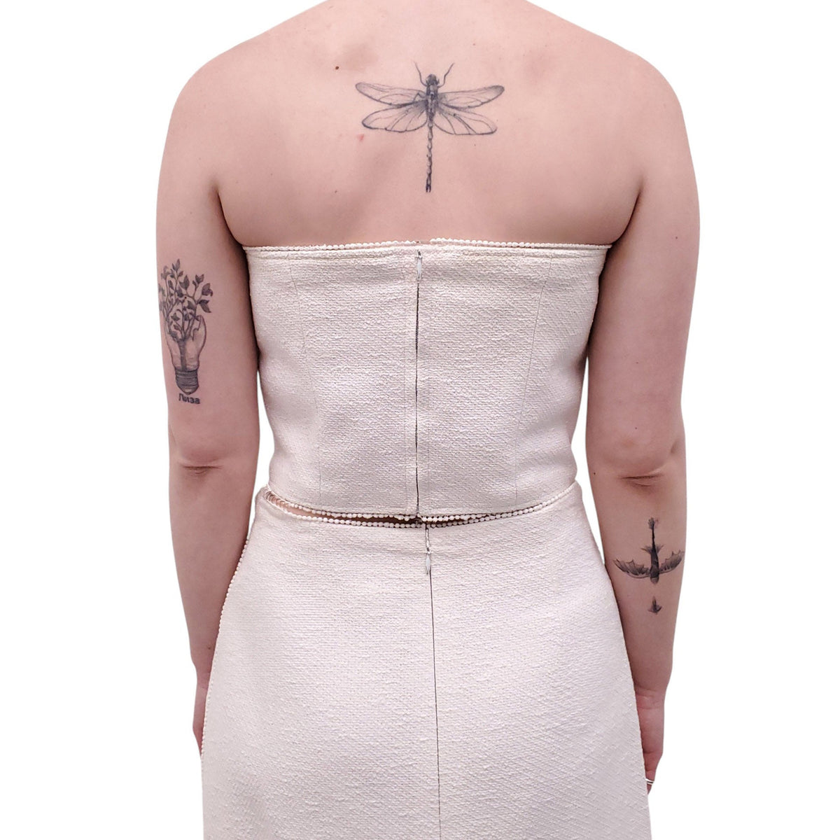 CHANEL CREAM THREE-PIECE SUIT WITH BUSTIER, SKIRT AND JACKET - SIZE 42