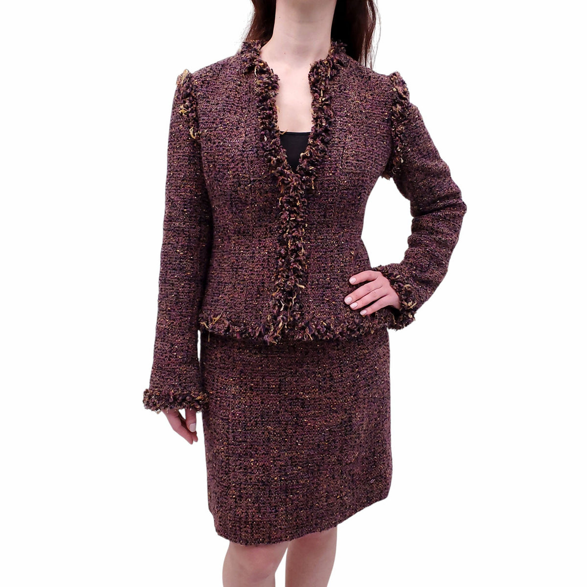 CHANEL F/W 2003 PURPLE TWEED SUIT WITH FRINGE DETAIL - SIZE 42