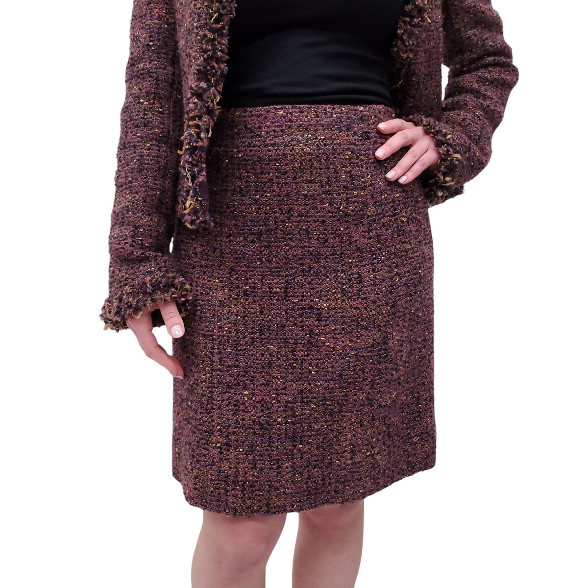 CHANEL F/W 2003 PURPLE TWEED SUIT WITH FRINGE DETAIL - SIZE 42