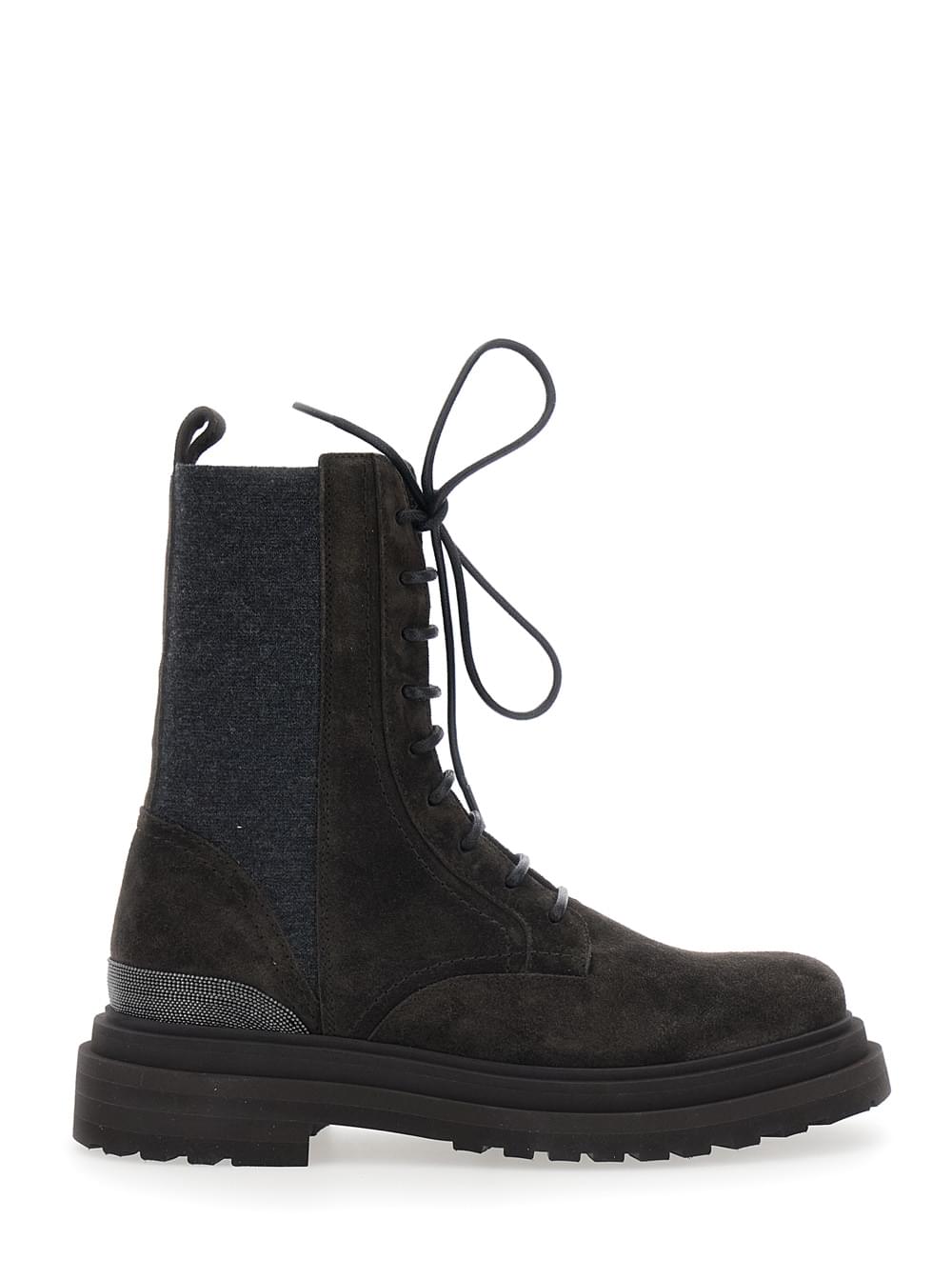 Brunello Cucinelli Women Brown Ankle Boots With Lace Closure And Monil Detail On The Back In Suede For Women