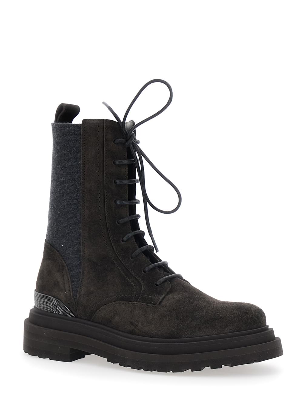 Brunello Cucinelli Women Brown Ankle Boots With Lace Closure And Monil Detail On The Back In Suede For Women