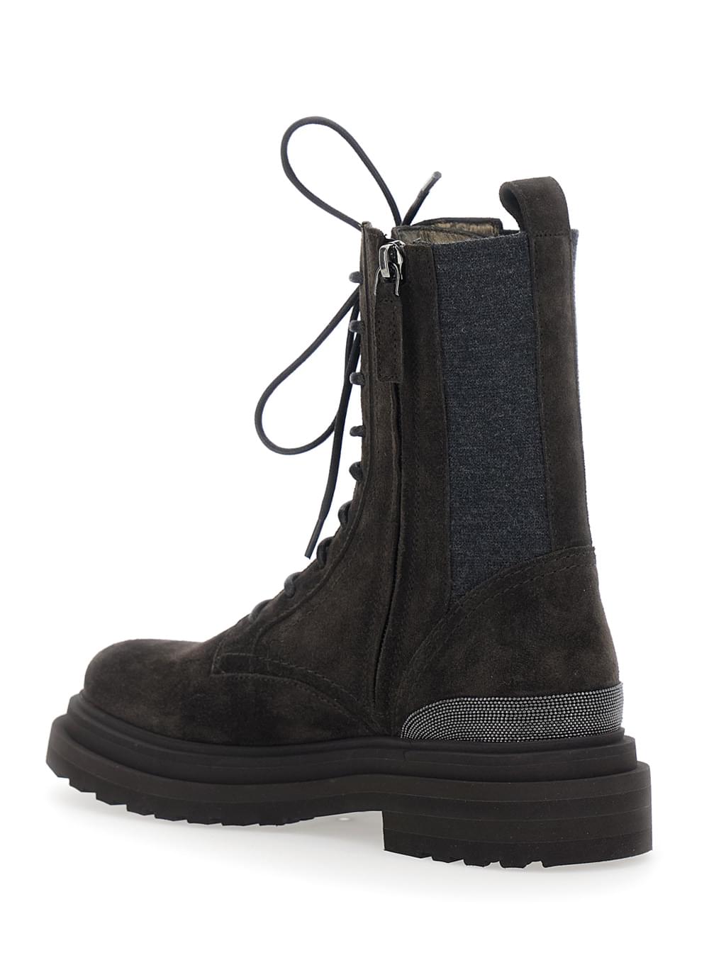 Brunello Cucinelli Women Brown Ankle Boots With Lace Closure And Monil Detail On The Back In Suede For Women