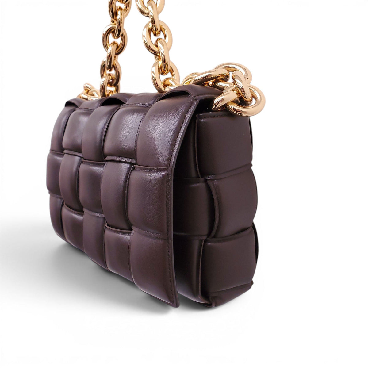 BOTTEGA VENETA BROWN LEATHER PADDED CASSETTE BAG WITH GOLD CHAIN