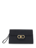 Ferragamo Women Black Clutch With Double Gancini Buckle On The Front In Grained Leather For Women