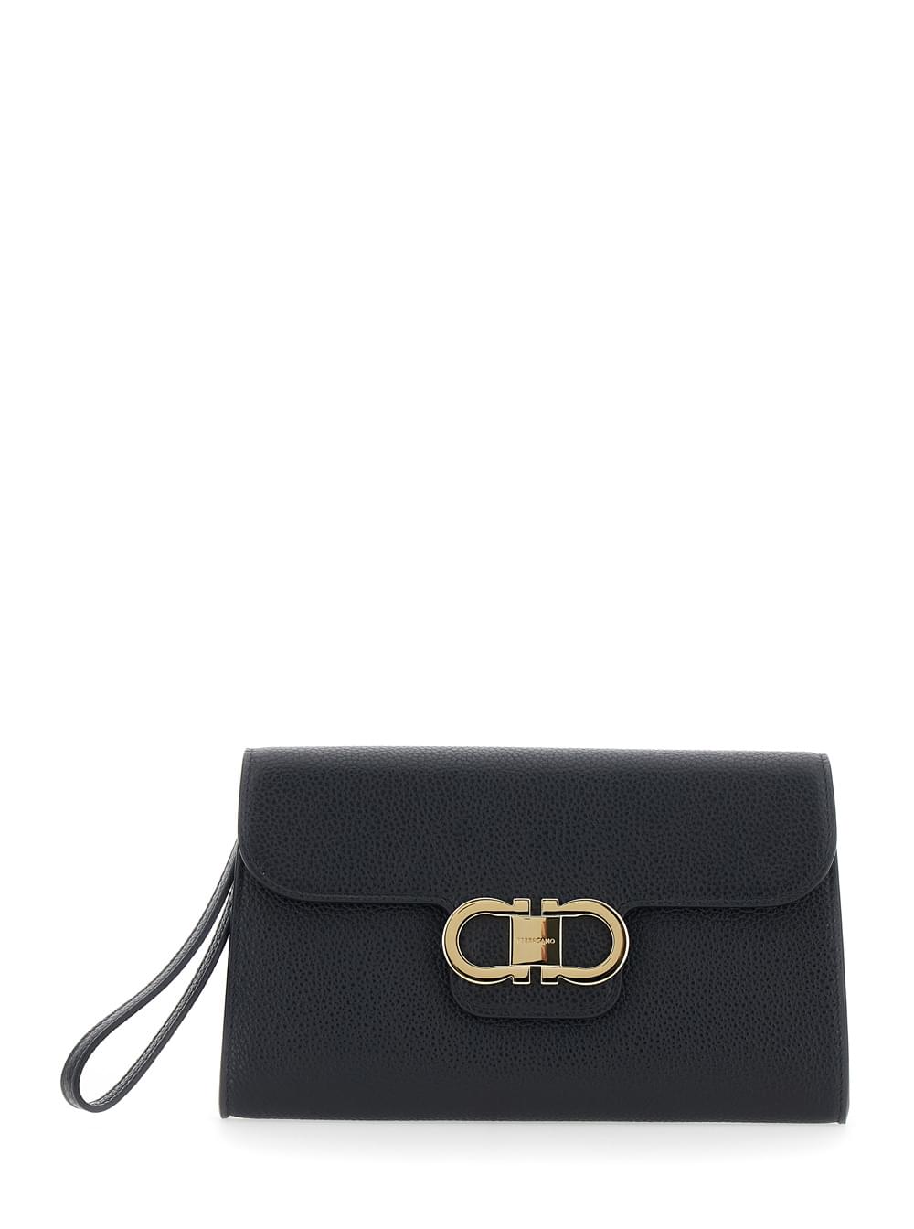Ferragamo Women Black Clutch With Double Gancini Buckle On The Front In Grained Leather For Women