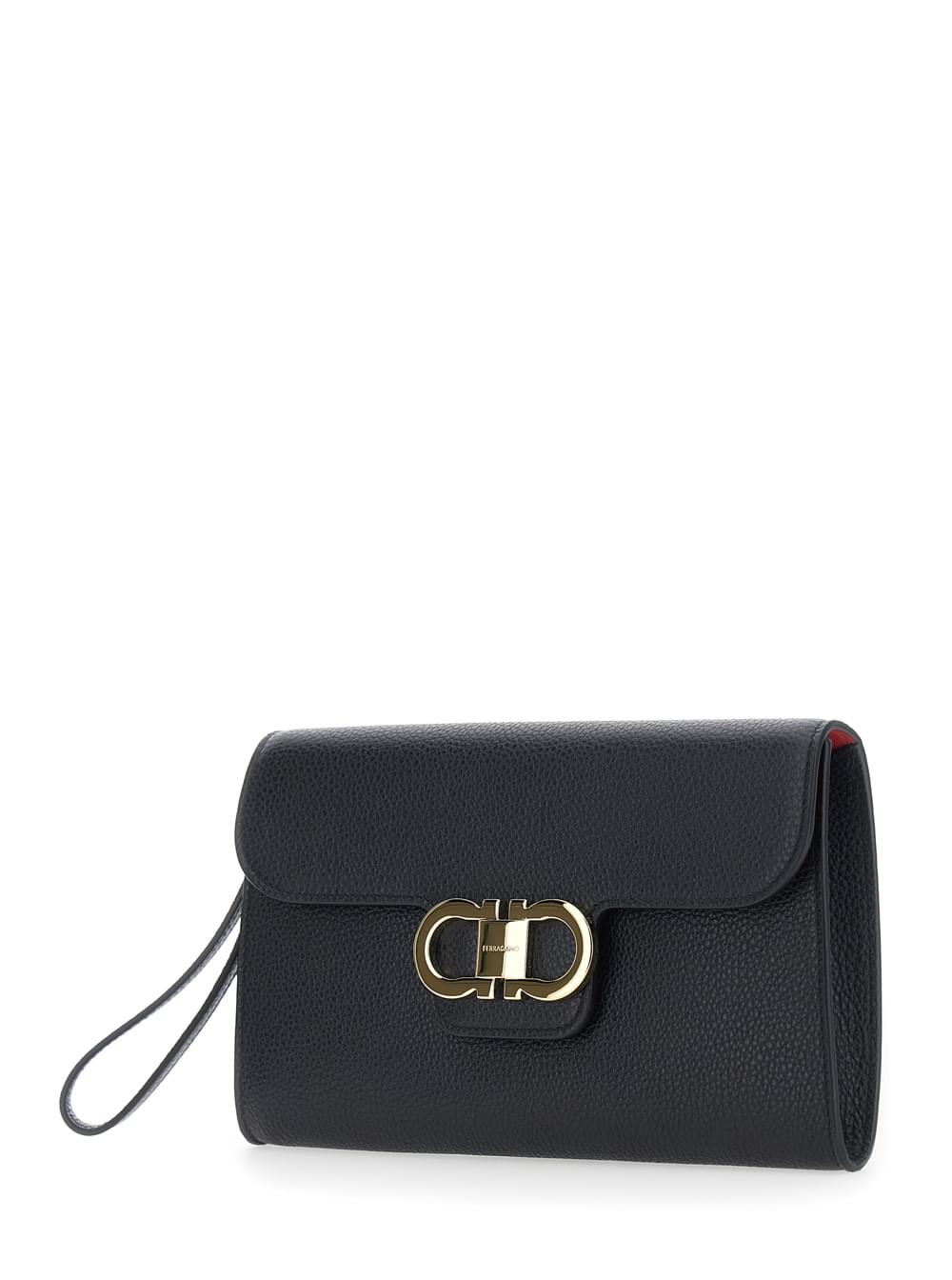 Ferragamo Women Black Clutch With Double Gancini Buckle On The Front In Grained Leather For Women