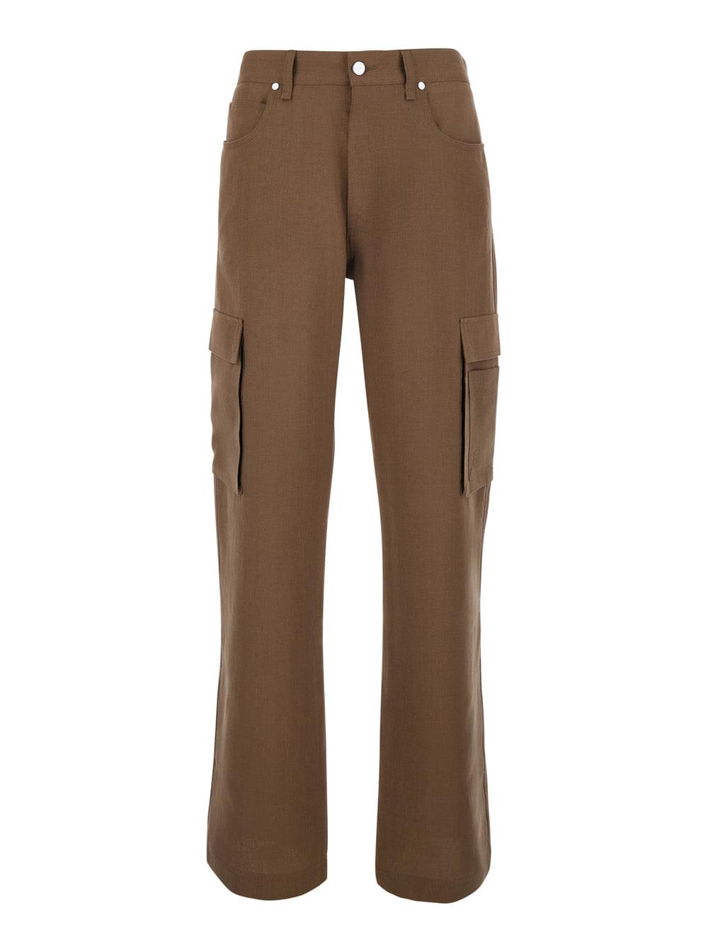 Fendi Men Brown Cargo Pants With Ff Plate On The Pocket In Linen For Men