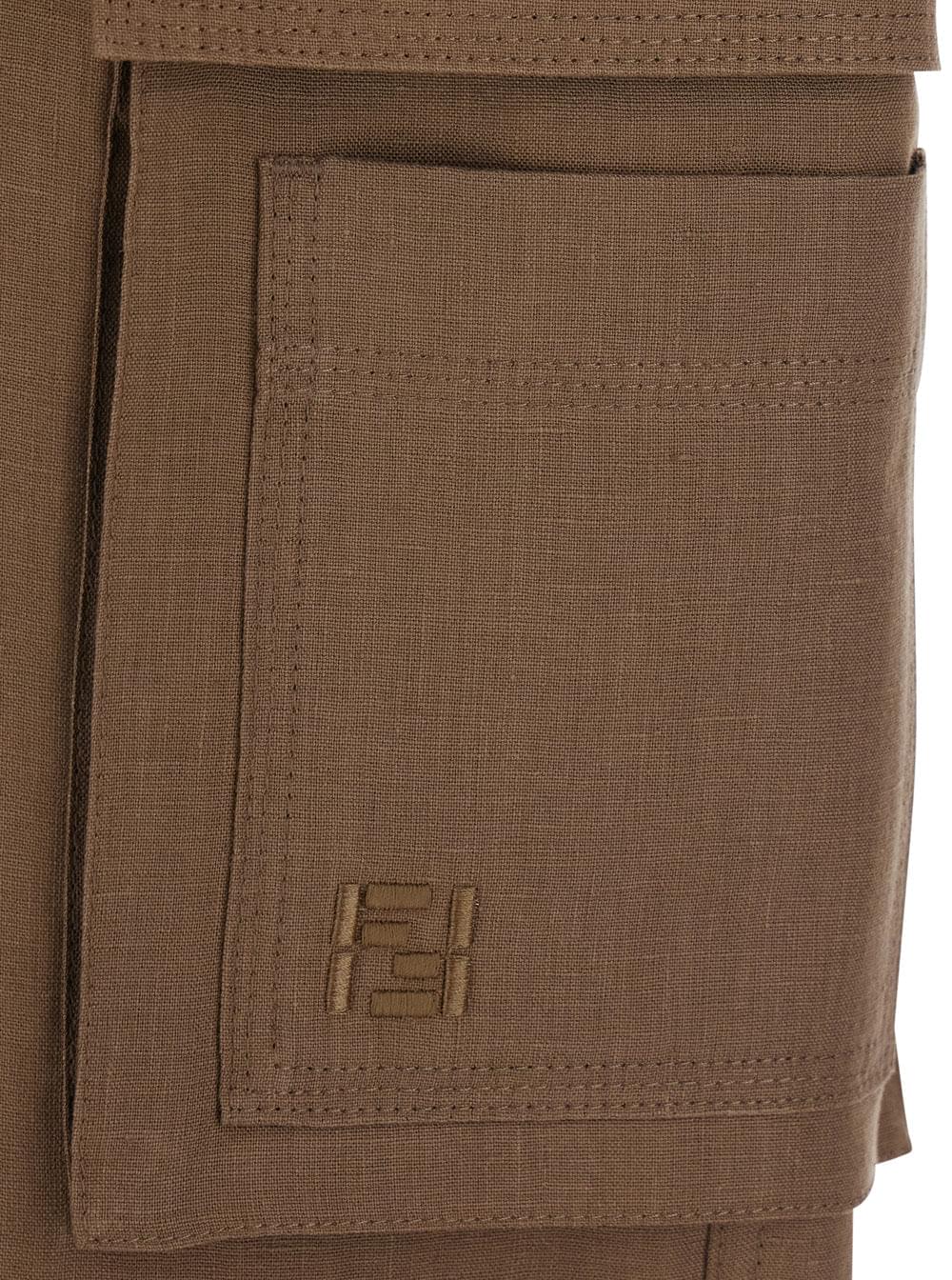 Fendi Men Brown Cargo Pants With Ff Plate On The Pocket In Linen For Men