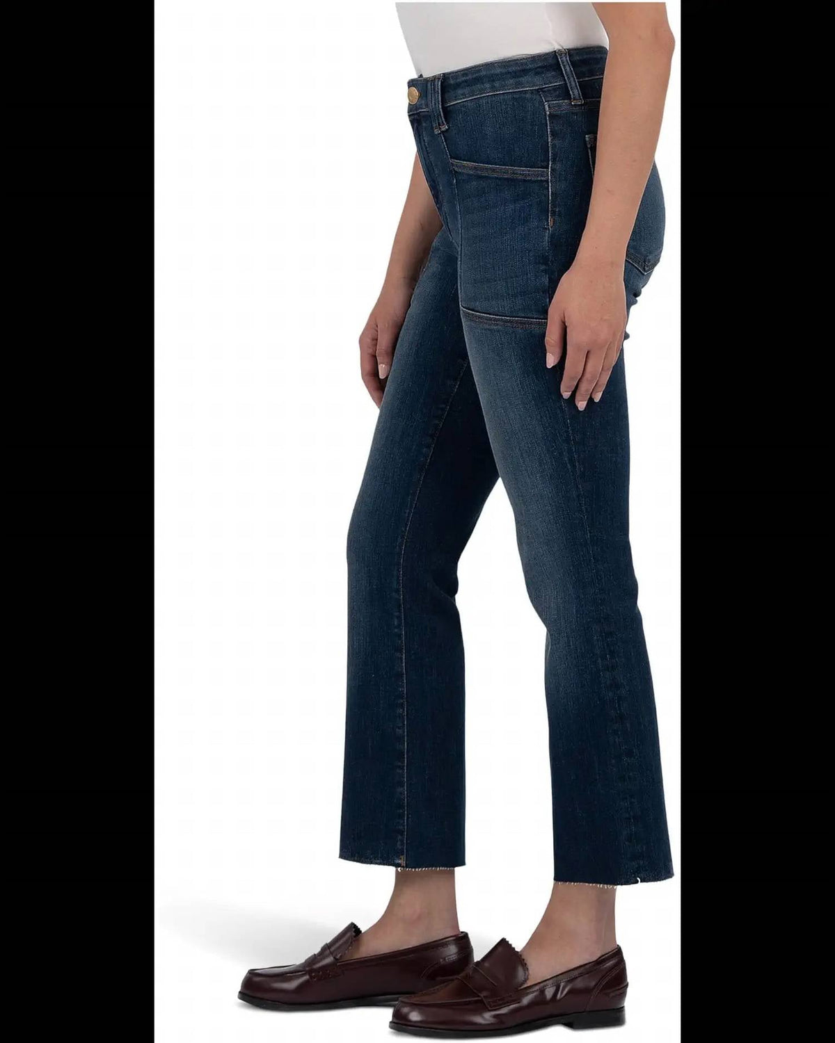 Kelsey High Rise Flare Front Pockets Inset Raw Hem Jean In Precocious