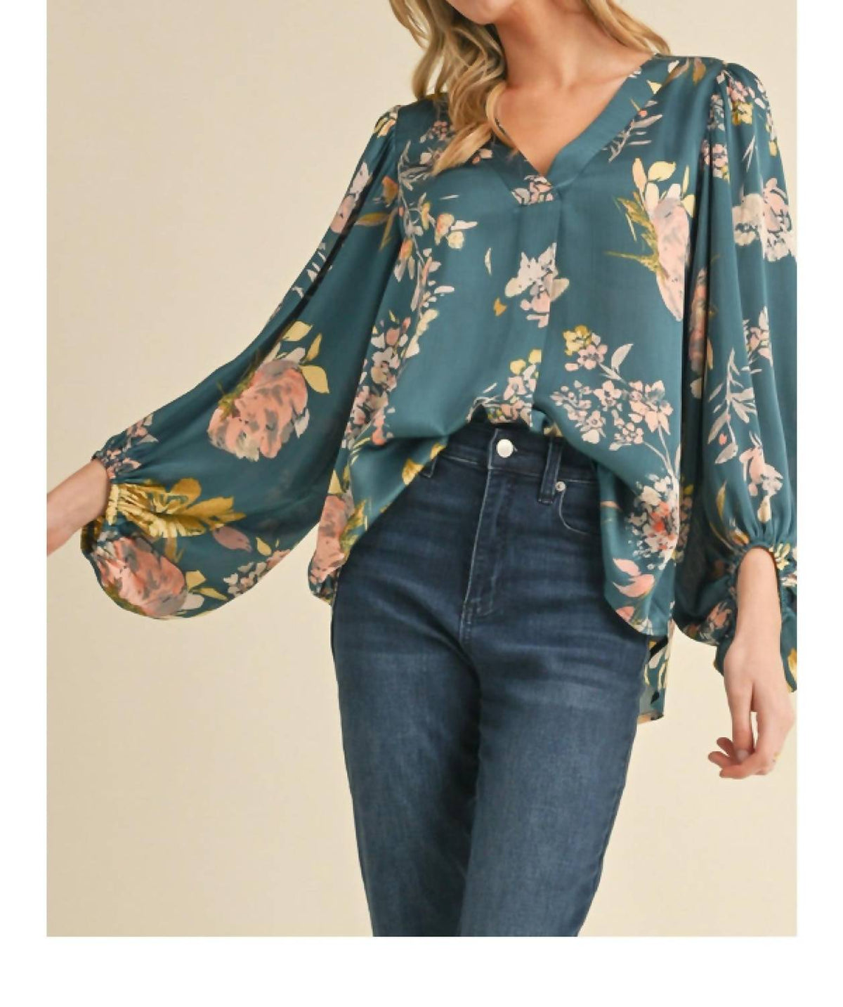 Satin Floral Print Blouse With Bubble Sleeves In Teal