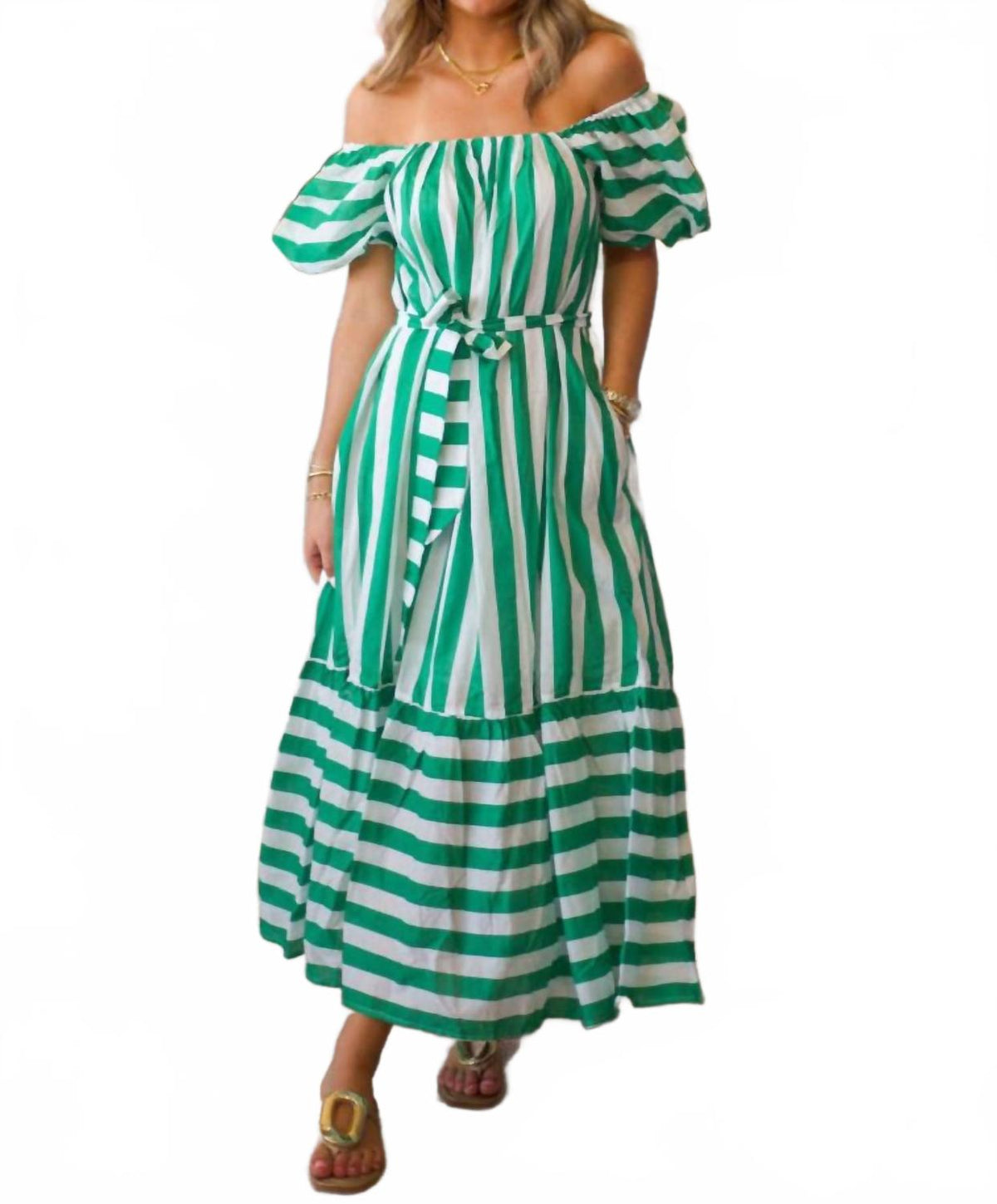 Striped Midi Puff Sleeve Dress In Green