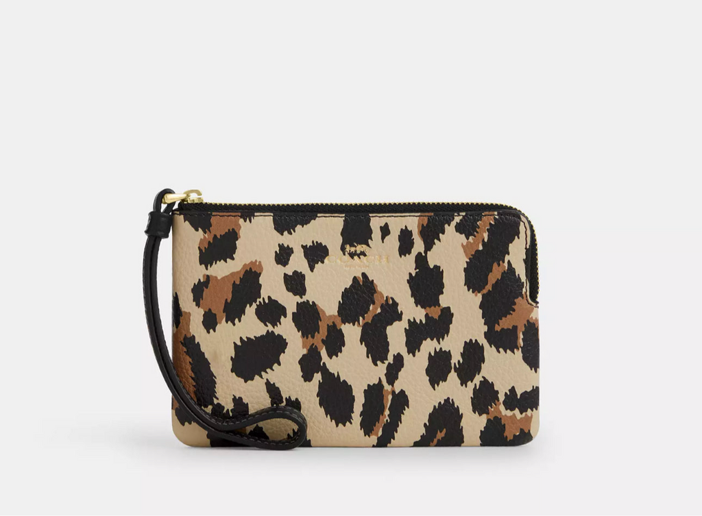 NWT Coach Corner Zip Leather Wristlet With Leopard Print