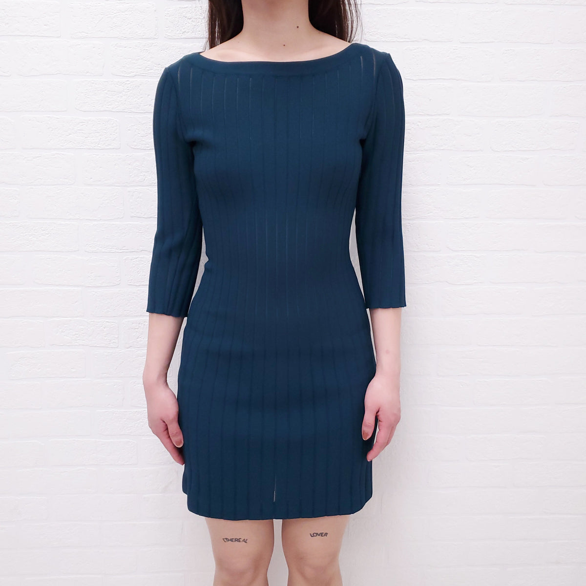 ALAÏA TEAL THREE QUARTER LENGTH SLEEVE DRESS - SIZE 36