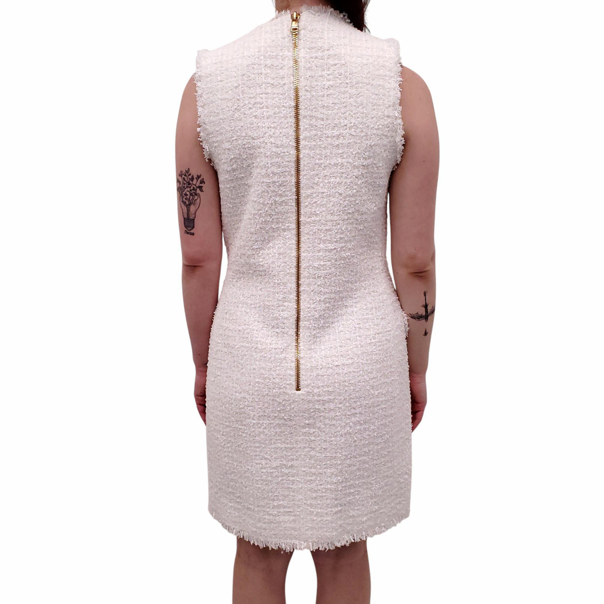 BALMAIN WHITE TWEED DRESS WITH GOLD BUTTONS - SIZE 42