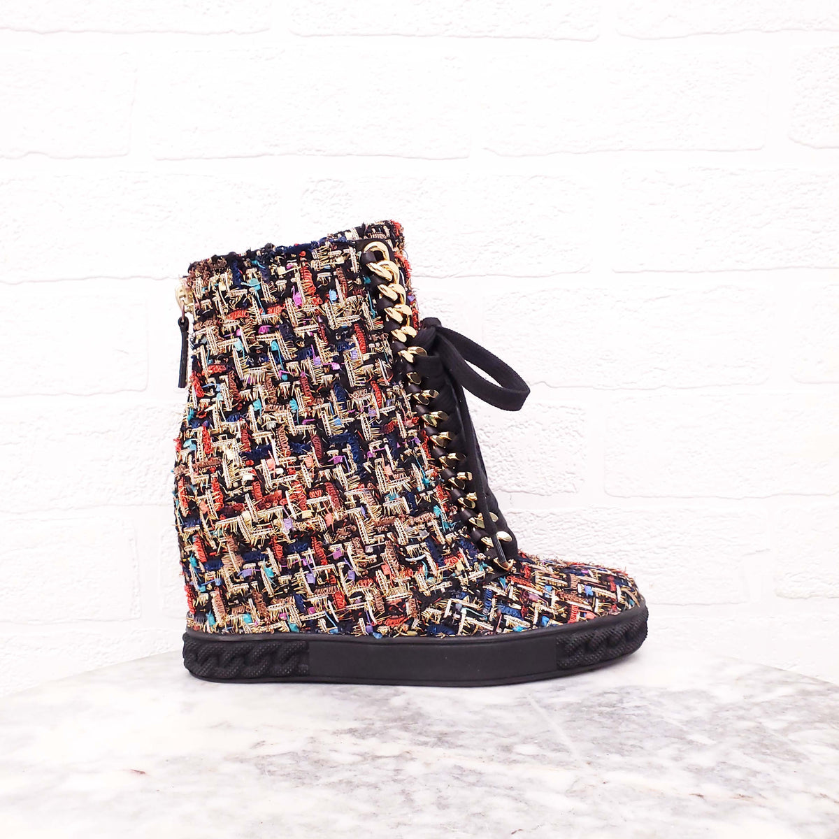 CASADEI MULTI-COLOUR TWEED WEDGE SNEAKERS WITH CHAIN DETAIL - SIZE 7
