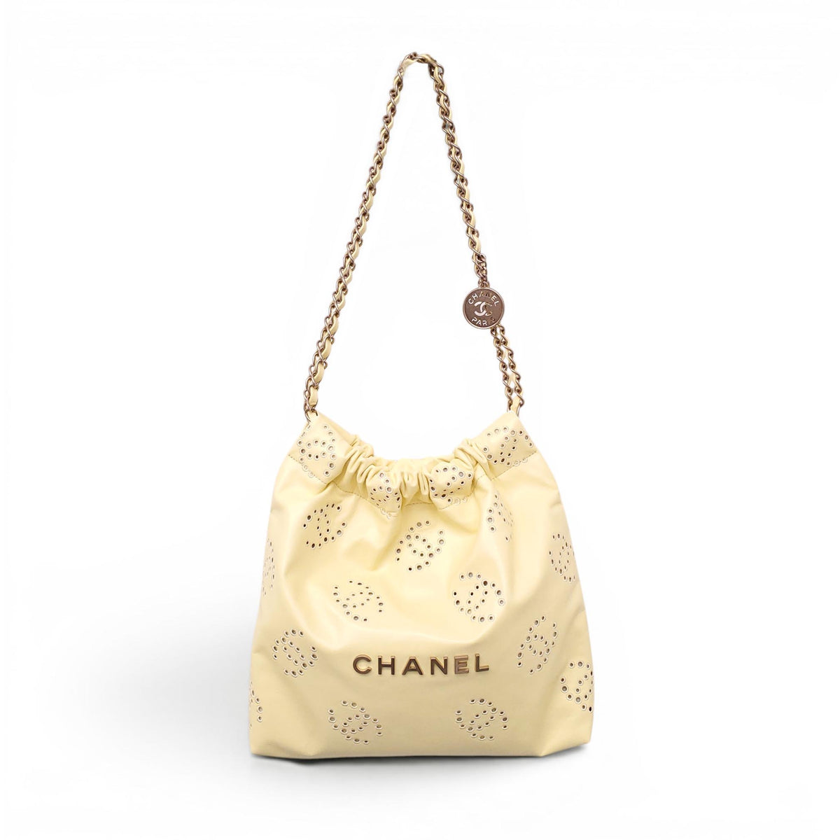 CHANEL 2025 YELLOW EMBROIDERED CALFSKIN SMALL 22 BAG