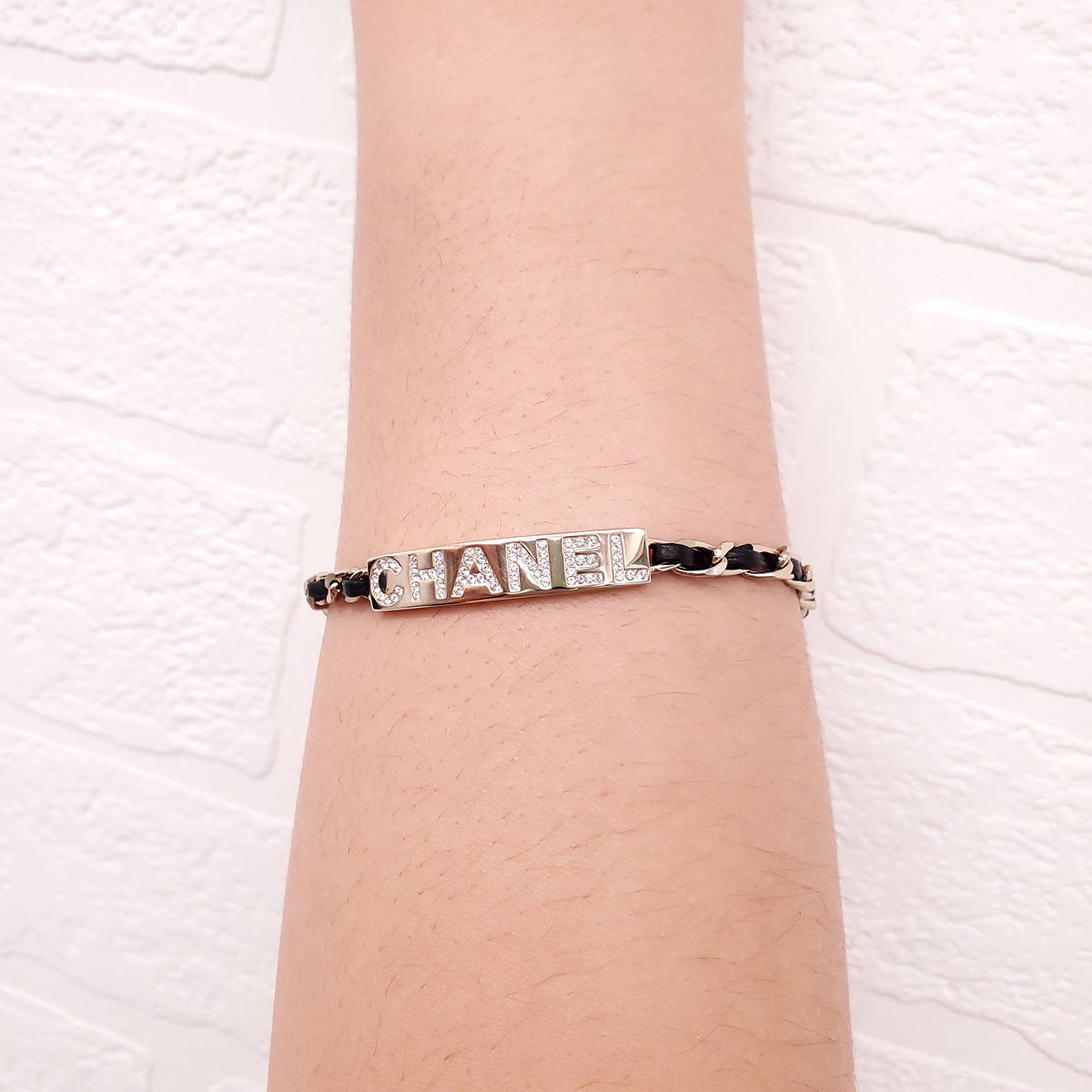 CHANEL BLACK LEATHER CHAIN LOGO ID BRACELET WITH CRYSTALS