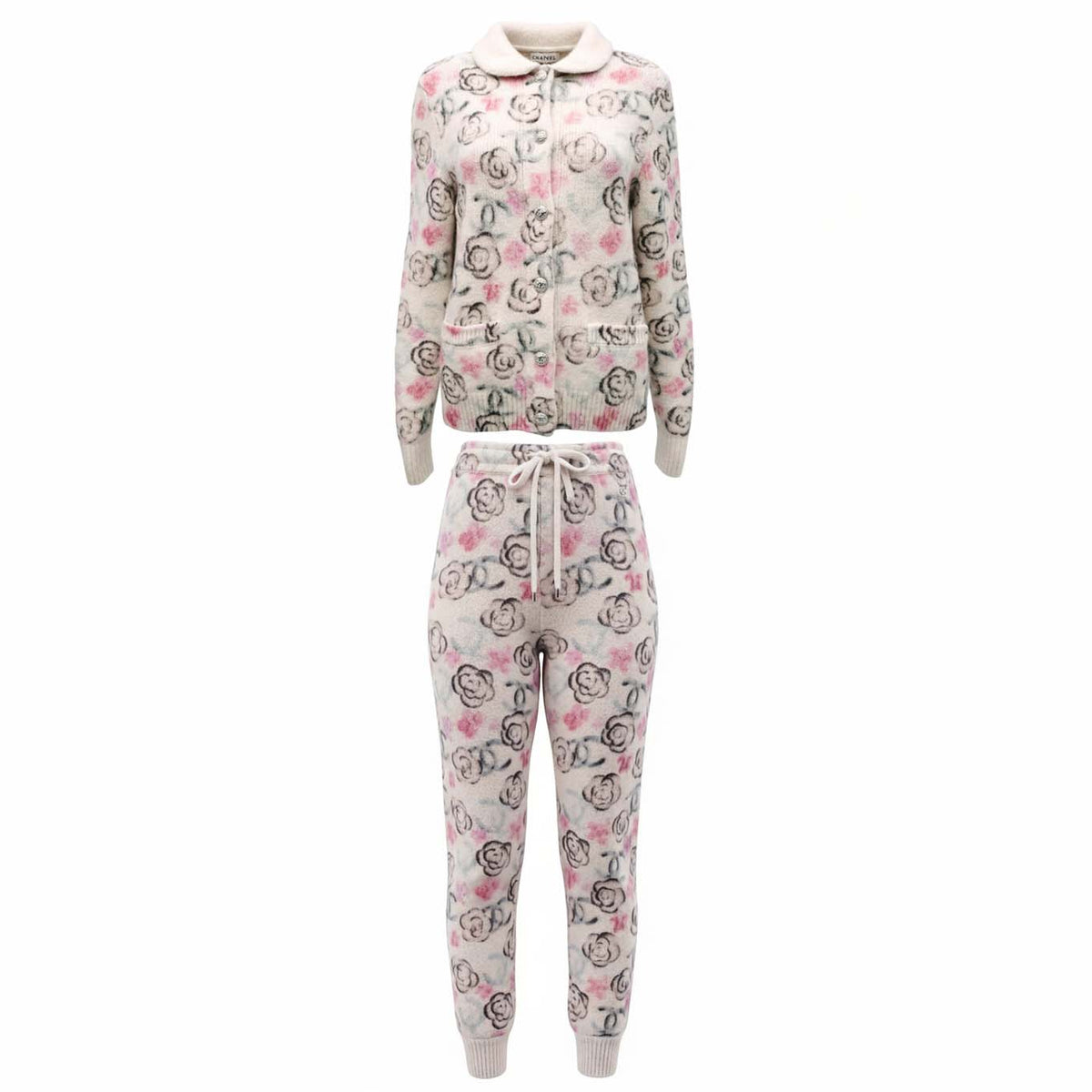 CHANEL CREAM AND PINK CASHMERE FLORAL PANTS - SIZE 38