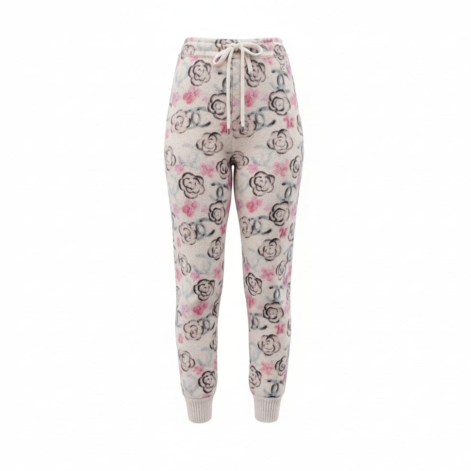 CHANEL CREAM AND PINK CASHMERE FLORAL PANTS - SIZE 38