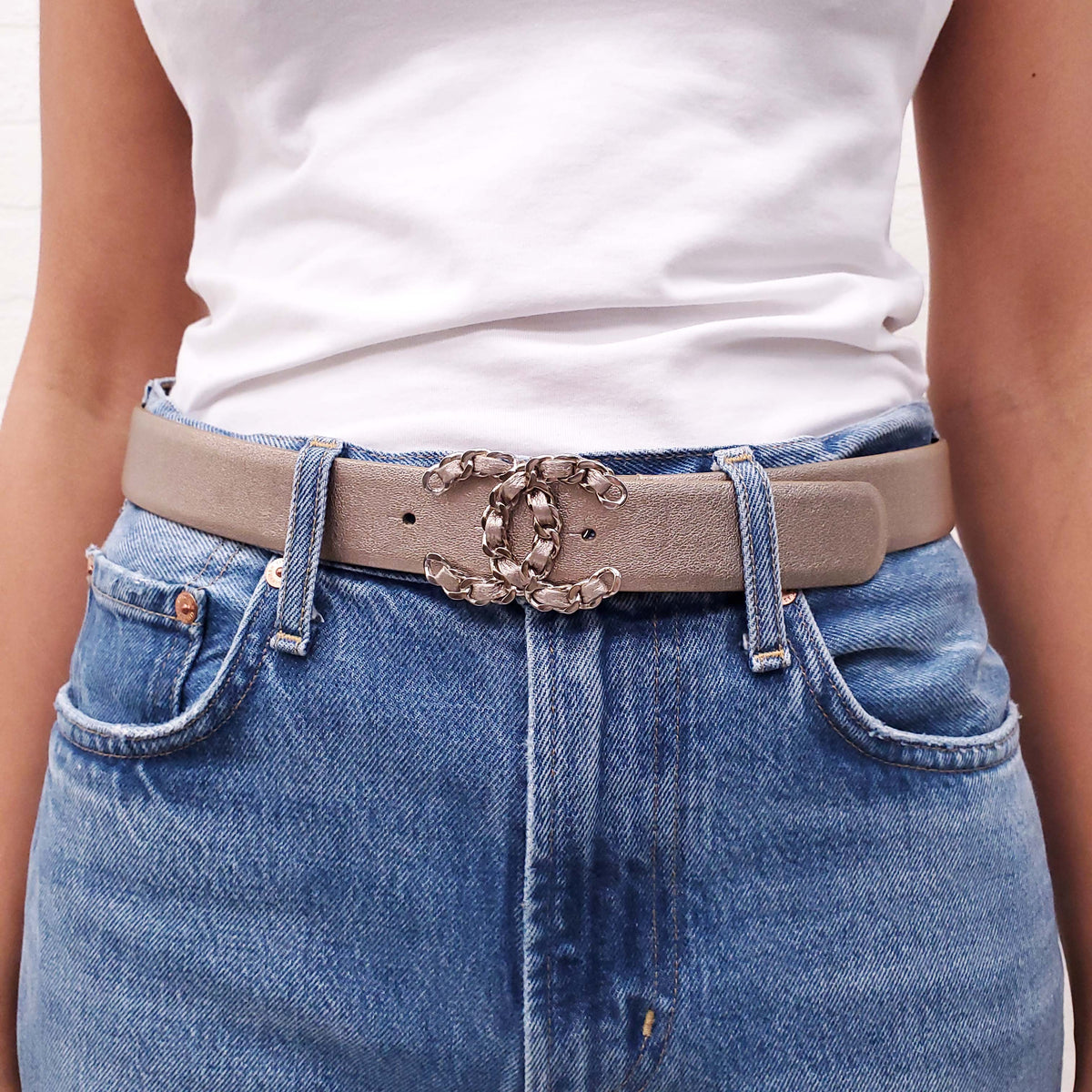CHANEL METALLIC ELECTRUM CHAIN LOGO BELT - SIZE 80