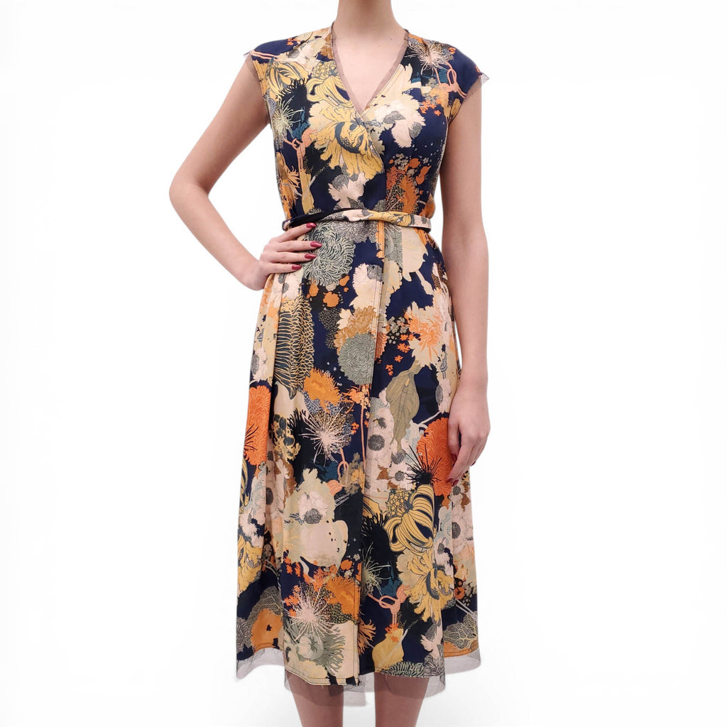 DRIES VAN NOTEN NAVY FLORAL DRESS WITH BELT - SIZE 36