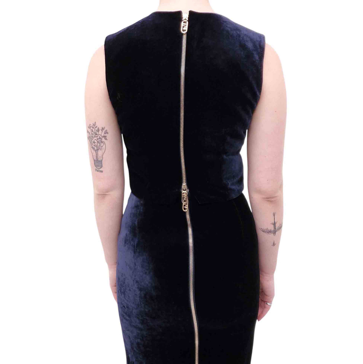FENDI NAVY VELVET SKIRT SET WITH LOGO ZIPPER - SIZE 36