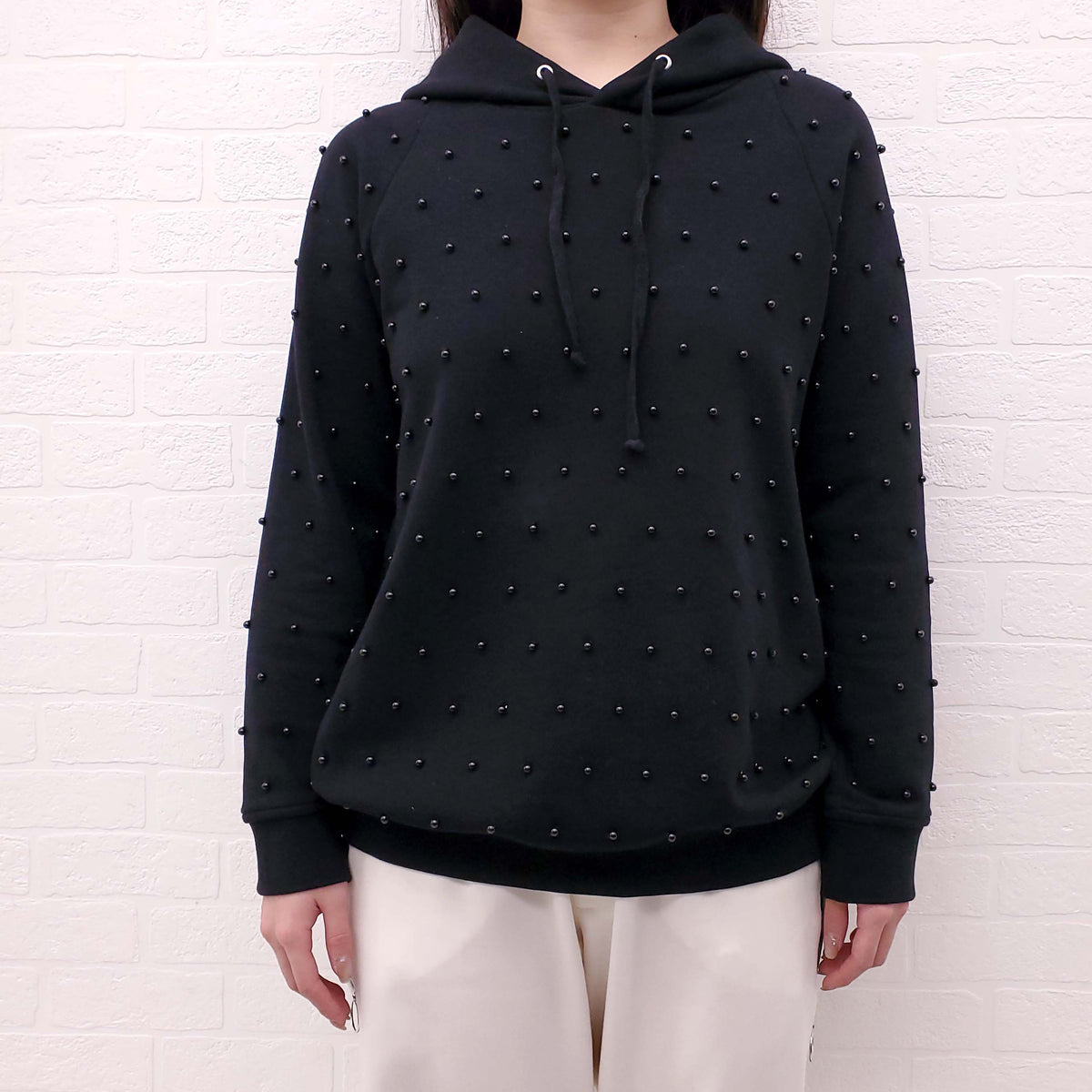 GIAMBA BLACK SWEATSHIRT WITH BLACK PEARLS - SIZE XXS