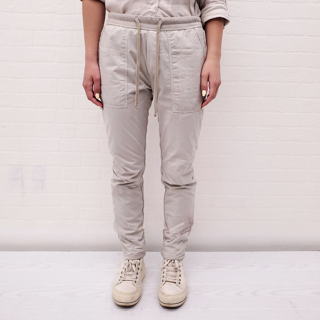 JAMES PERSE OATMEAL COTTON TROUSERS WITH DRAWSTRING - SIZE 0/XS