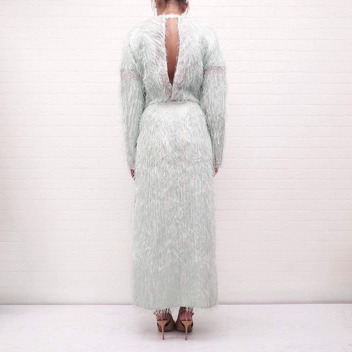 JIL SANDER MINT 'DOUBLE SPLIT LOBBY FRINGED' DRESS - SIZE 36