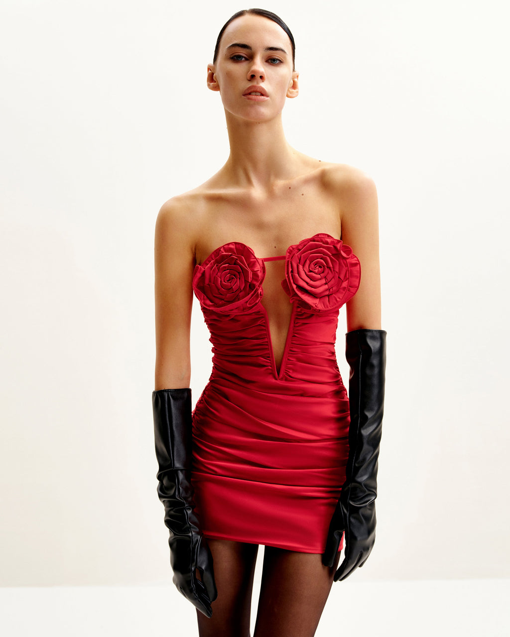 Bailee Red Floral Applique And Ruched Tube Mini Dress - Red