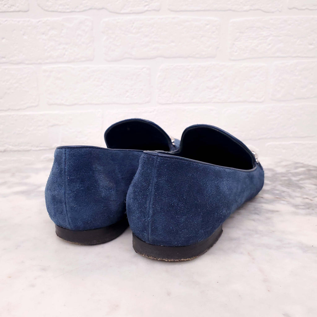 LOUIS VUITTON NAVY SUEDE LOAFERS WITH CHAIN LOGO - SIZE 36