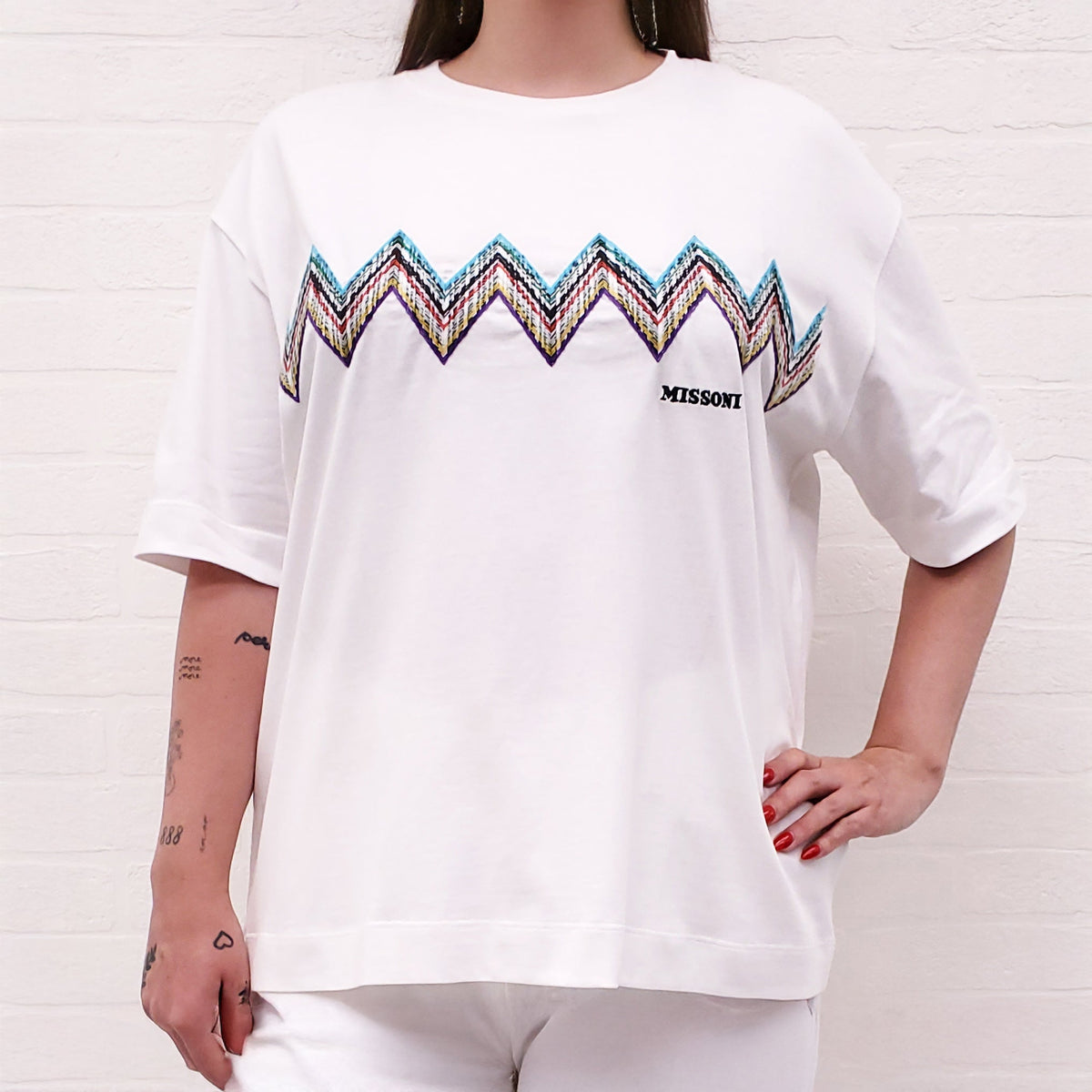 MISSONI WHITE T-SHIRT WITH ZIGZAG KNIT DETAIL - SIZE XL